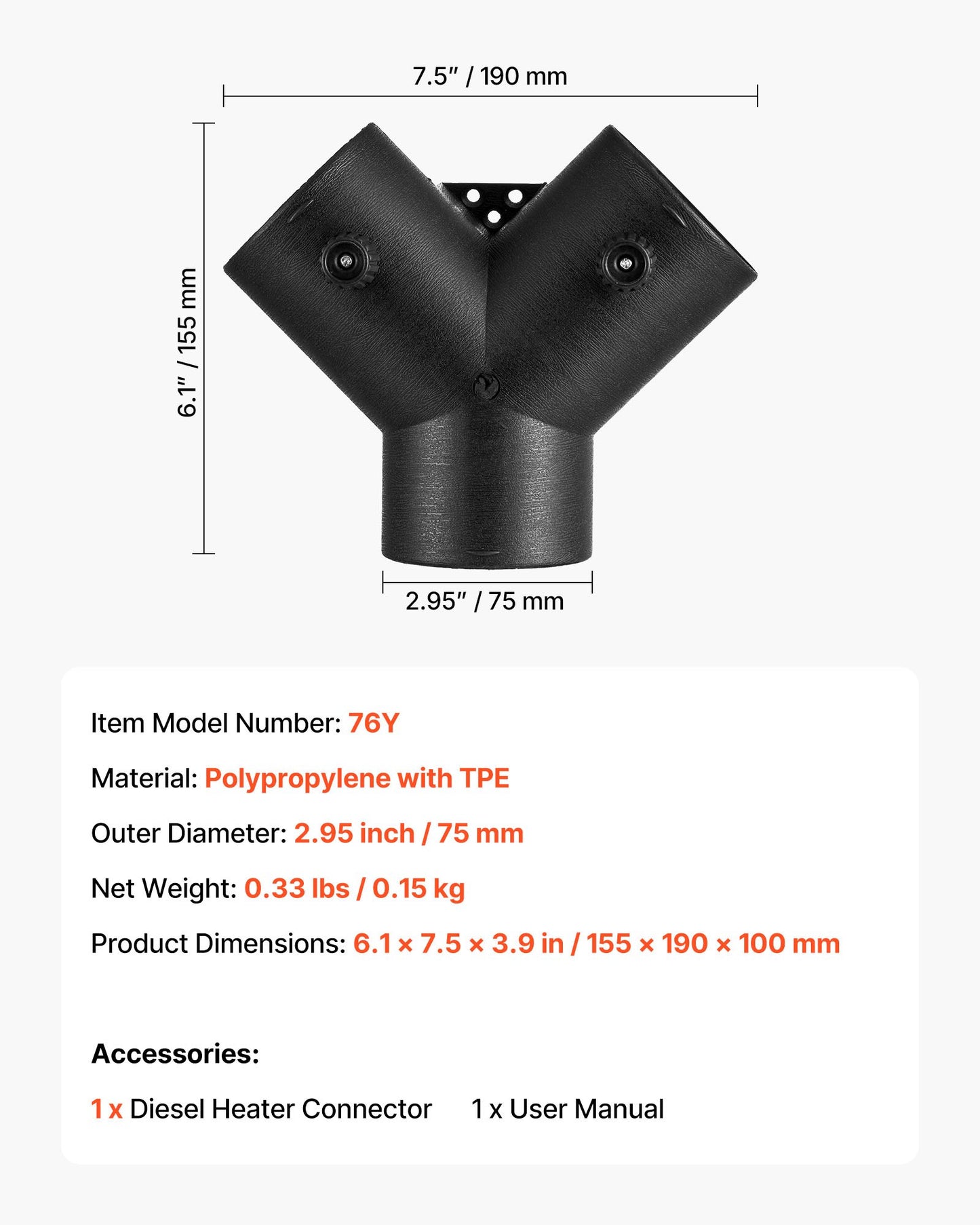 Dieselvärmarkontakt, 75 mm tillbehör till dieselvärmarkanalkoppling, 3-vägs Y-grenad dieselvärmare, luftventilationskanal med 2 90° roterbara ventiler, svarta kopplingar för 2KW, 5KW och 8KW värmare