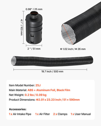 Dieselvärmare insugningsrörsats, 25 mm billuftsugningsrör för parkeringsvärmare, slangrör för töjbar och böjbar billuftinsugningsfilter, ljuddämpare, slangrörsats med klämmor för 2KW, 5KW, 8KW dieselvärmare