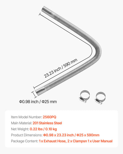 Exhaust Hose, 600mm Diesel Heater Flexible Exhaust Pipe, Stainless Steel Exhausts Hoses with 2 Hose Clamps, Air Diesel Parking Heater Exhausts Hoses Line for 2KW 5KW 8KW Diesels Heaters