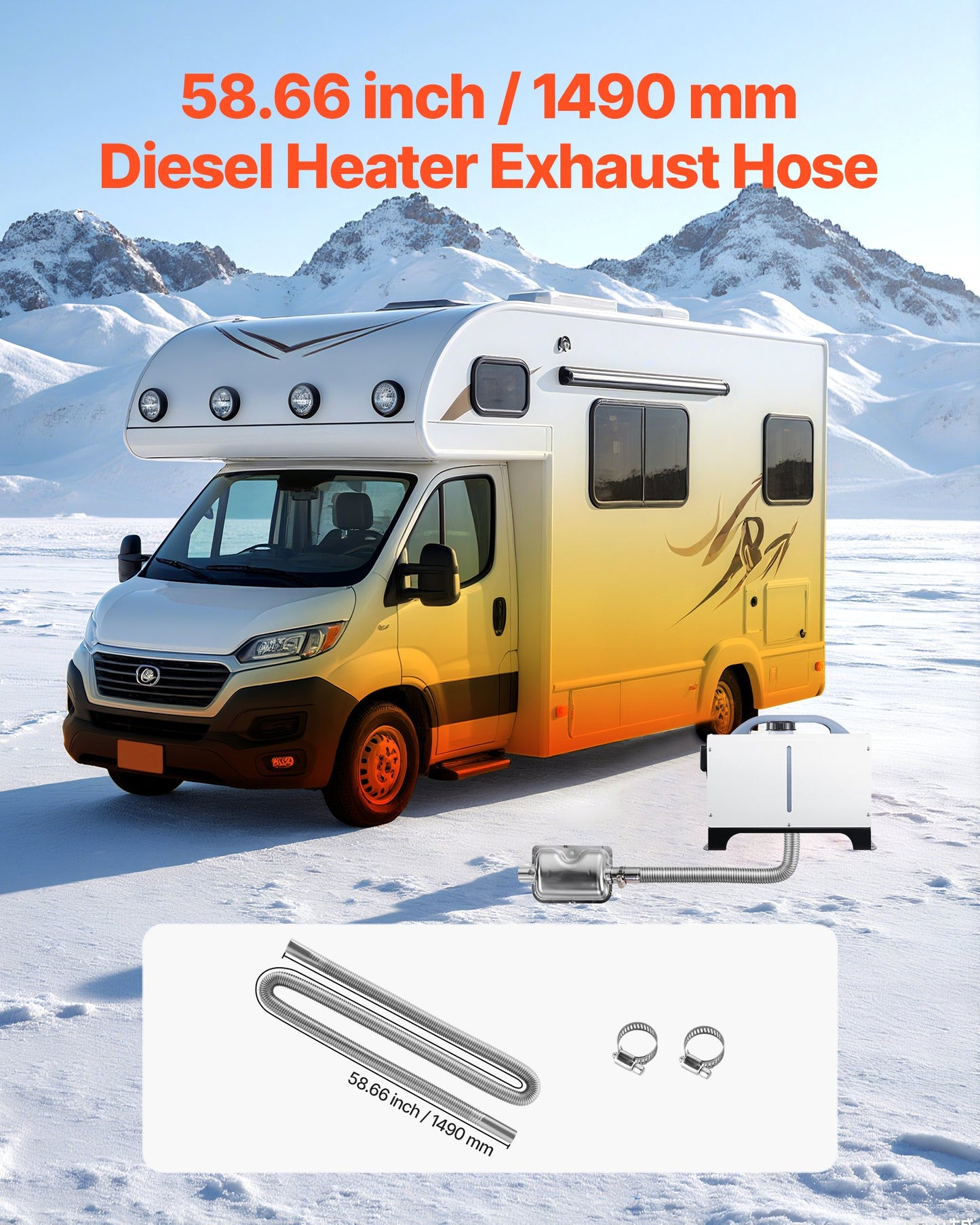 Exhaust Hose, 1490mm Stainless Steel Exhausts Hose, Diesel Heater Flexible Exhaust Pipe with 2 Hose Clamps, Exhausts Hoses Kit Diesel Heater Accessories for 2KW 5KW 8KW Diesels Heaters