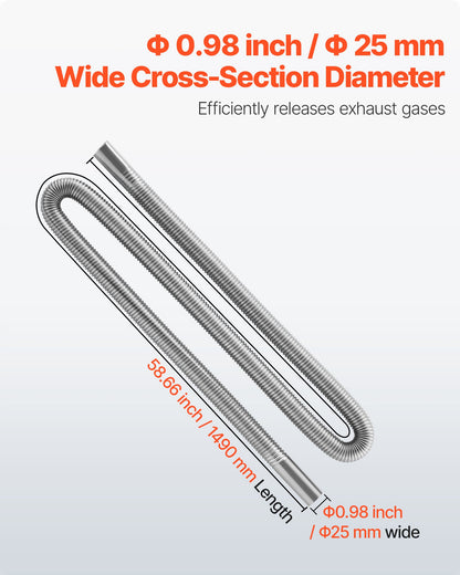 Exhaust Hose, 1490mm Stainless Steel Exhausts Hose, Diesel Heater Flexible Exhaust Pipe with 2 Hose Clamps, Exhausts Hoses Kit Diesel Heater Accessories for 2KW 5KW 8KW Diesels Heaters