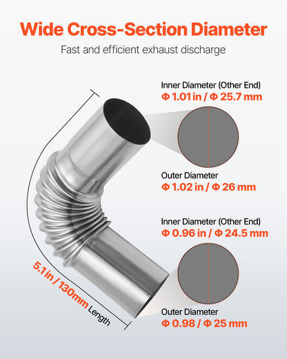 Avgasrörsböj, 25 mm dieselvärmare Avgasböj, luft parkeringsvärmare Avgasrörsböj, 2 klämmor för 2KW 5KW 8KW dieselvärmare, 201 rostfritt stål, silver