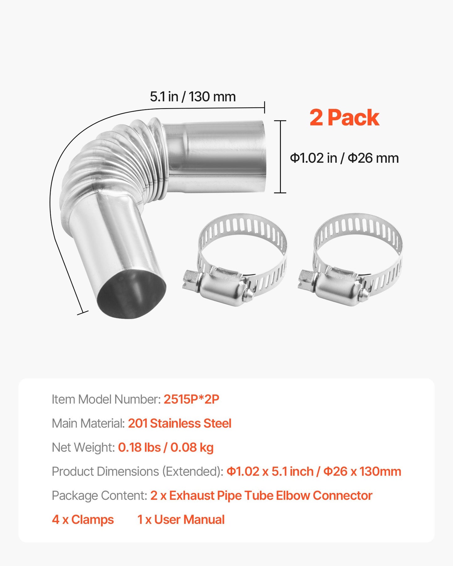 Exhaust Pipe Tube Elbow Connector, 25mm Diesel Heater Exhaust Elbow, Stainless Steel Windproof Cap Gas Water Heater 4 Clamps for 2KW 5KW 8KW Diesel Heater, Diesel Heaters Exhausts Elbows