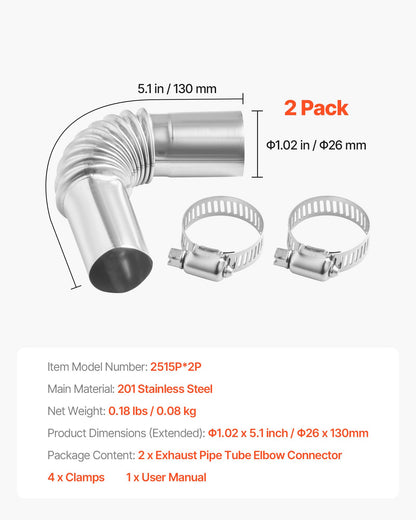 Exhaust Pipe Tube Elbow Connector, 25mm Diesel Heater Exhaust Elbow, Stainless Steel Windproof Cap Gas Water Heater 4 Clamps for 2KW 5KW 8KW Diesel Heater, Diesel Heaters Exhausts Elbows