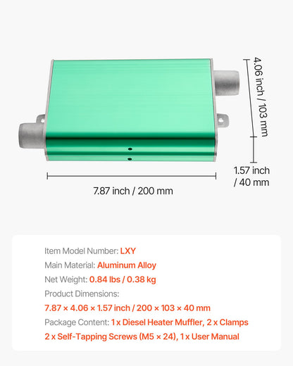 Dieselvärmare ljuddämpare, 24 mm dieselvärmare ljuddämpare uppgradering, parkeringsvärmare ljuddämpare passar med 2 klämmor och skruvar, aluminiumlegering uppgraderade avgasrör ljuddämpare ljuddämpare för 2KW 5KW 8KW dieslar