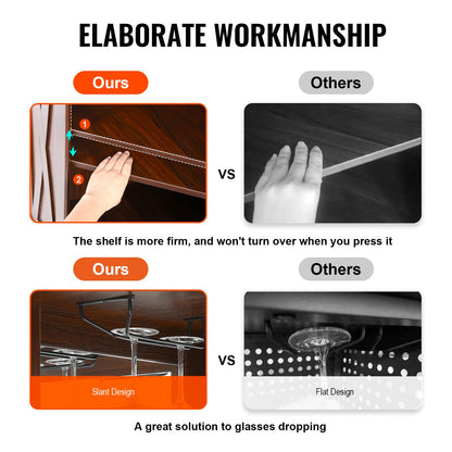 Industriell hörnbarskåp, vinbord för sprit och glas, skänk med buffé och glashållare, fristående barskåp i lantlig trä för vardagsrum, hemmabar, svart valnöt