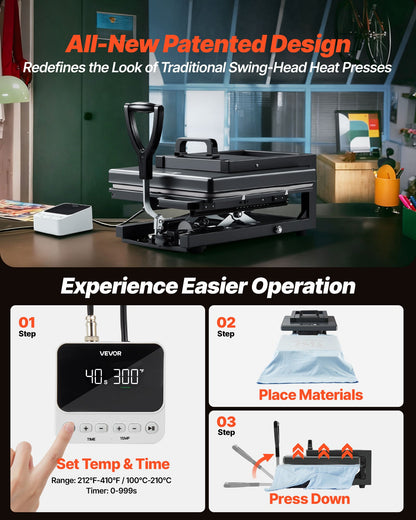Hybrid värmepress, 380 x 380 mm, 5-i-1 multifunktion, Värmer upp snabbt och jämnt, Helt ny patenterad design, Lätt att kontrollera, Sublimeringspress för T-shirts/Muggar/Tumblers/Kepsar/Tallrikar, Svart