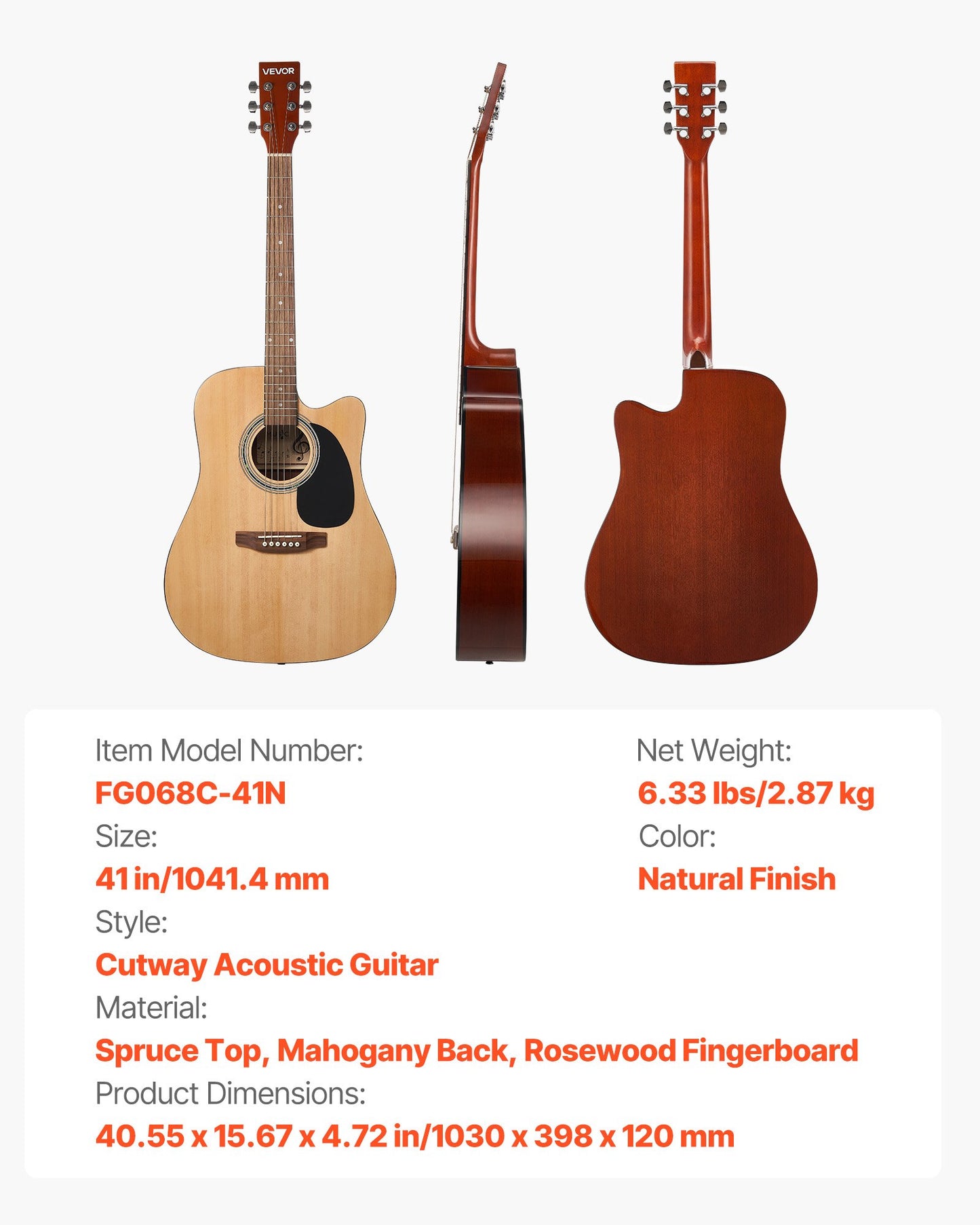 1041.4 mm (41 inch) Cutway Acoustic Guitar Natural Beginner Bundle Gig Bag for Adult