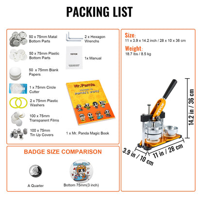 Knappmaskin, 75 mm (3 tum) stanspress för märkestryck, nåltillverkare för barn, gör-det-själv-presenter, knapptillverkningstillbehör med 500 st knappdelar, cirkelskärare och magisk bok