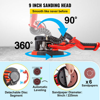 Electric Drywall Sander 750W Drywall Sander Foldable Sheetrock Sander with Telescope Handle Electric Sander Variable Speed 800-1750RPM Wall Sander with LED Lights and Vacuum Bag, 6 Sand Pads