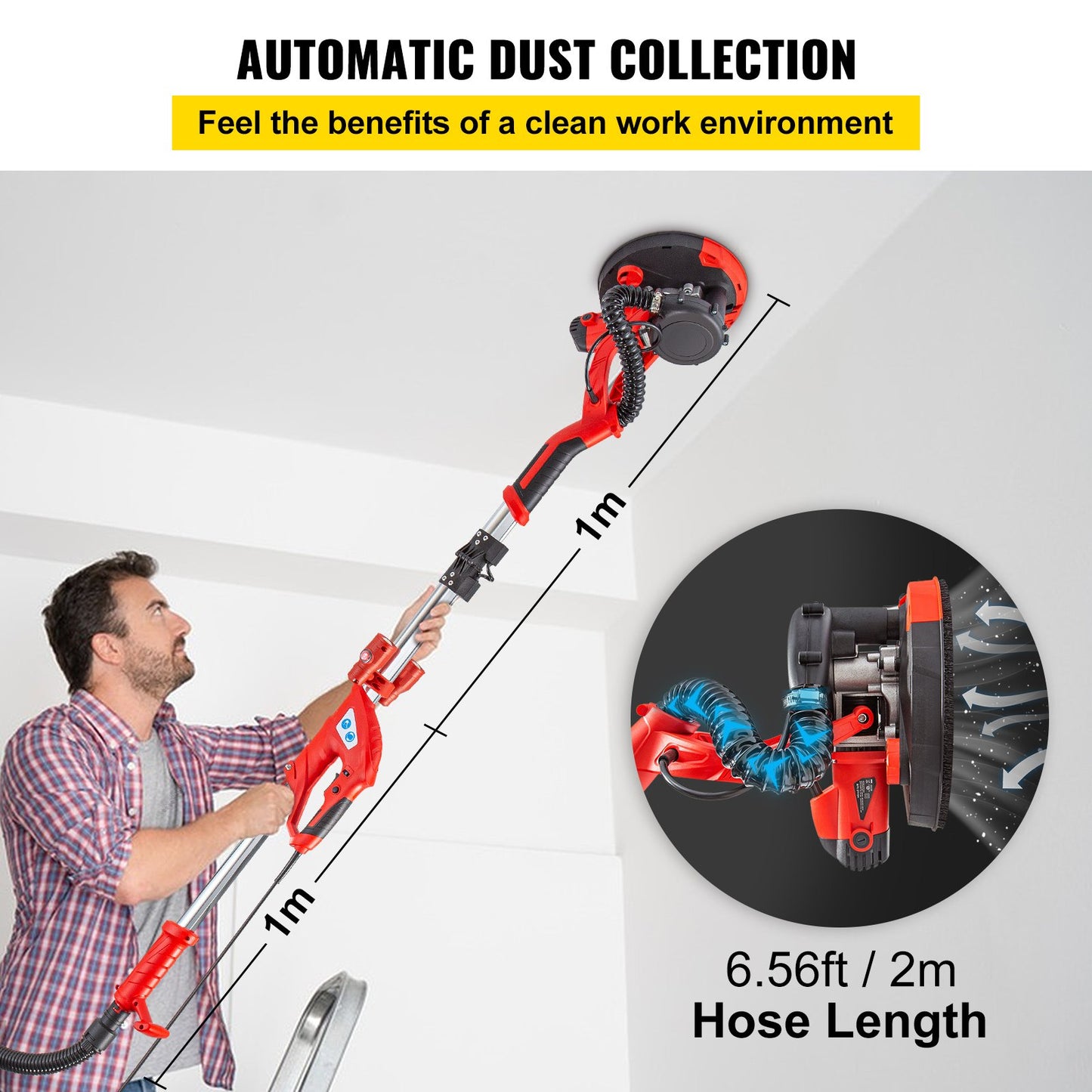 Electric Drywall Sander 750W Drywall Sander Foldable Sheetrock Sander with Telescope Handle Electric Sander Variable Speed 800-1750RPM Wall Sander with LED Lights and Vacuum Bag, 6 Sand Pads