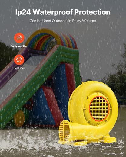 Uppblåsbar fläkt, 590W och 690W, 1,0 hk hoppborgarfläkt, kommersiell pumpluftfläkt för uppblåsbara föremål, 2750 varv/min hoppborgar elektrisk luftfläkt perfekt för hoppborgar, vattenrutschbanor, gul