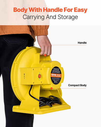 Uppblåsbar fläkt, 590W och 690W, 1,0 hk hoppborgarfläkt, kommersiell pumpluftfläkt för uppblåsbara föremål, 2750 varv/min hoppborgar elektrisk luftfläkt perfekt för hoppborgar, vattenrutschbanor, gul