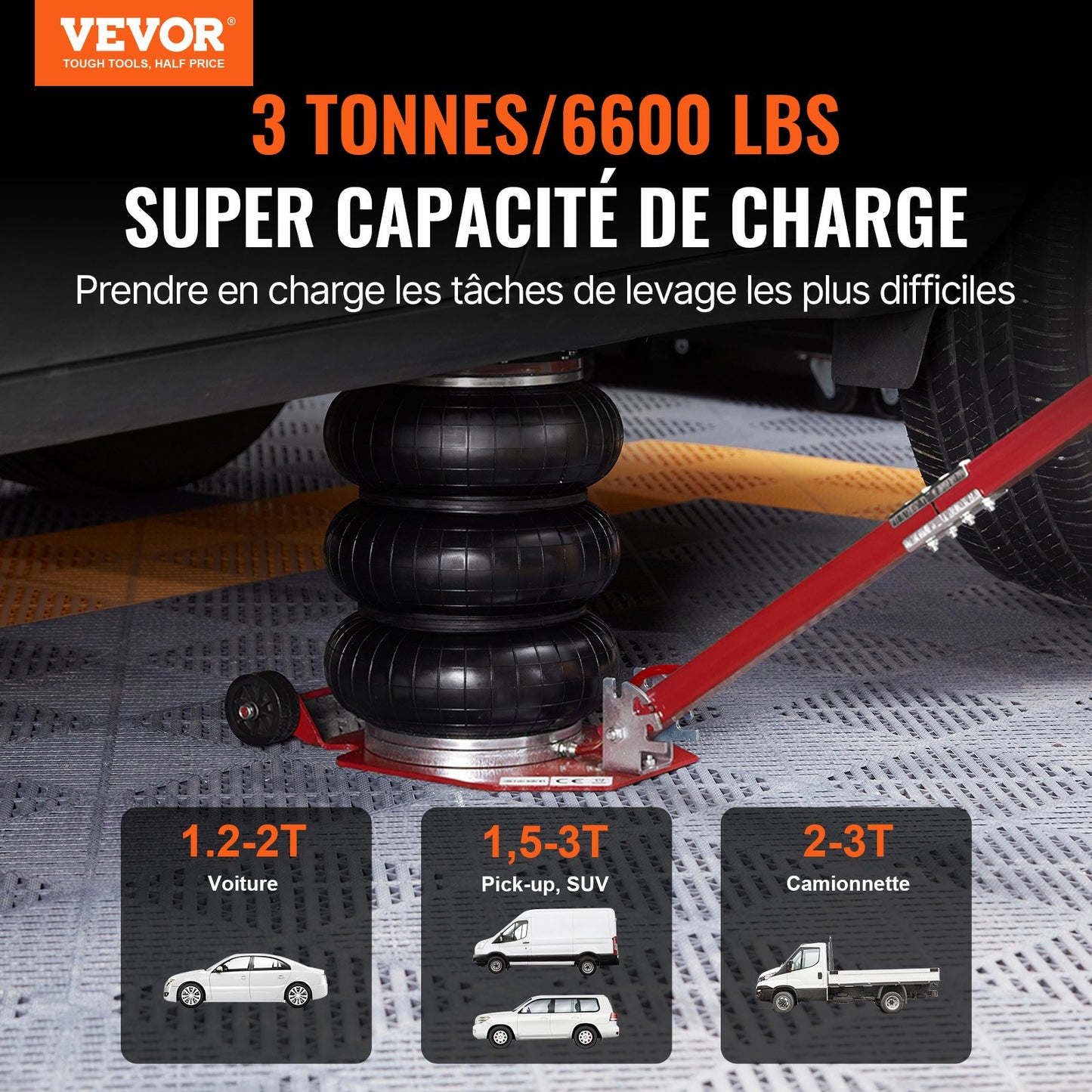 Luftdomkraft, 3 ton/3000 kg trippelkuddsdomkraft, krockkuddedomkraft med sex stålrör, lyft upp till 44,9 cm, 3-5 s snabblyftande pneumatisk domkraft, med justerbart långt handtag för bilar, garage, reparation (röd)