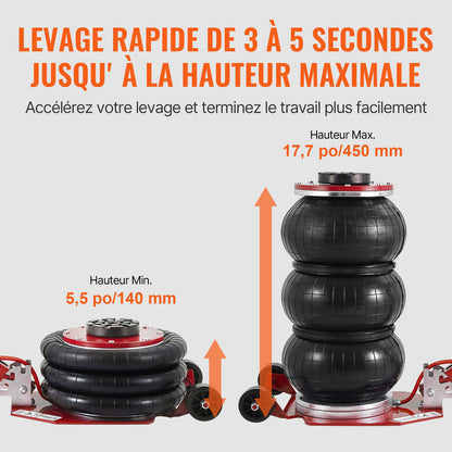 Luftdomkraft, 3 ton/3000 kg trippelkuddsdomkraft, krockkuddedomkraft med sex stålrör, lyft upp till 44,9 cm, 3-5 s snabblyftande pneumatisk domkraft, med justerbart långt handtag för bilar, garage, reparation (röd)