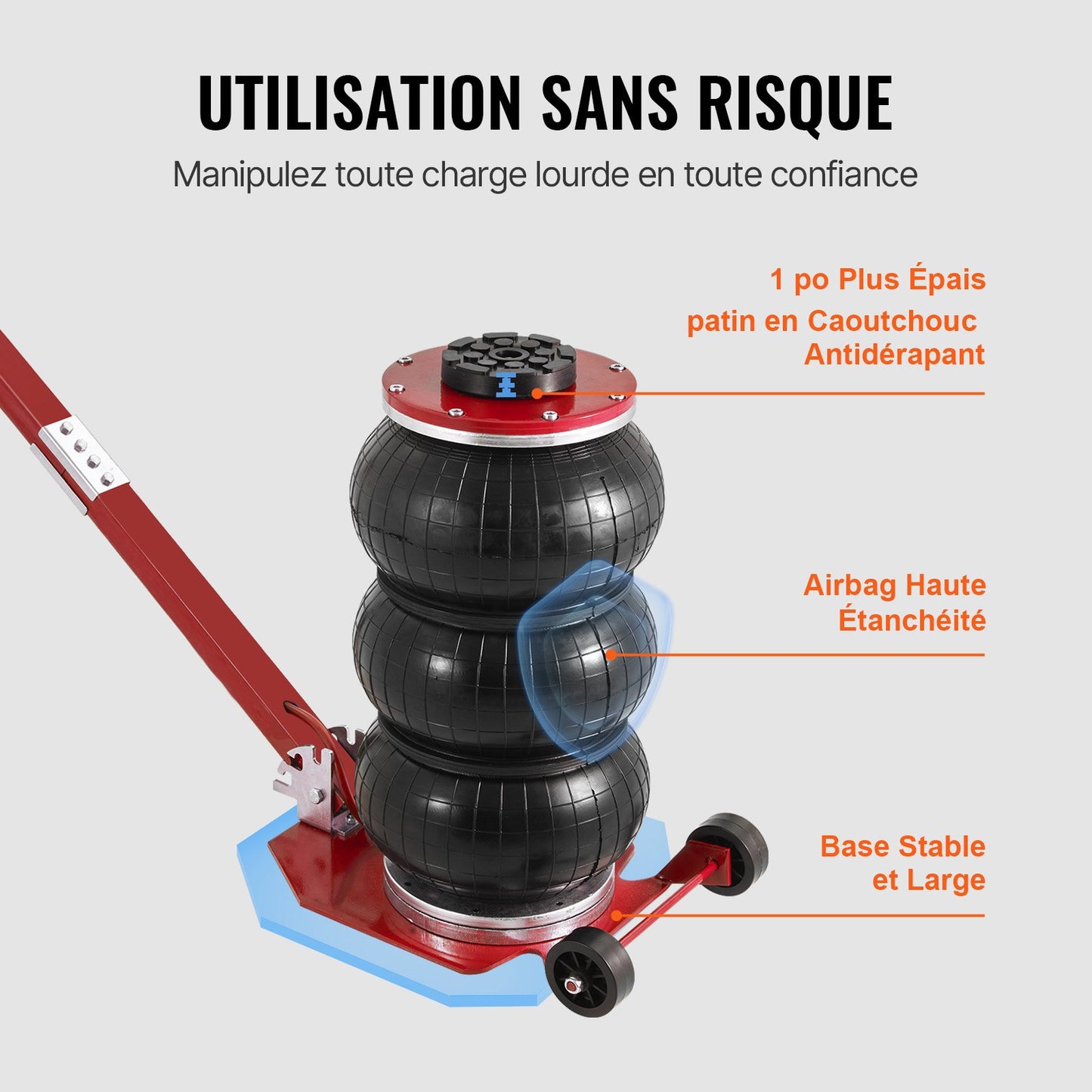 Luftdomkraft, 3 ton/3000 kg trippelkuddsdomkraft, krockkuddedomkraft med sex stålrör, lyft upp till 44,9 cm, 3-5 s snabblyftande pneumatisk domkraft, med justerbart långt handtag för bilar, garage, reparation (röd)