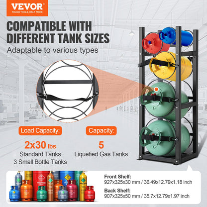 Refrigerant Tank Rack, with 2 x 30lbs and Other 3 Small Bottle Tanks, Cylinder Tank Rack 12.79x12.99x47.12 in, Refrigerant Cylinder Rack and Holders for Freon, Gases, Oxygen, Nitrogen