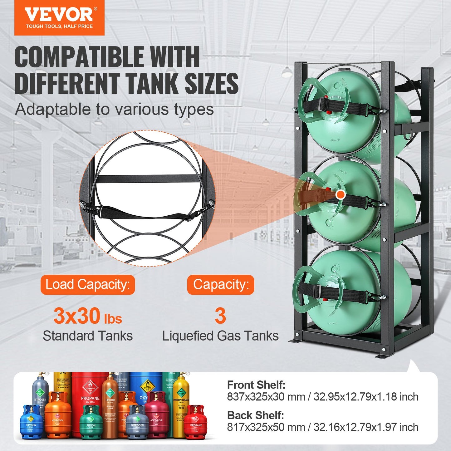 Refrigerant Tank Rack, with 3 x 30lbs Bottle Tanks, Cylinder Tank Rack 12.79x12.99x33.07 in, Refrigerant Cylinder Rack Gas Cylinder Racks and Holders for Freon, Gases, Oxygen, Nitrogen