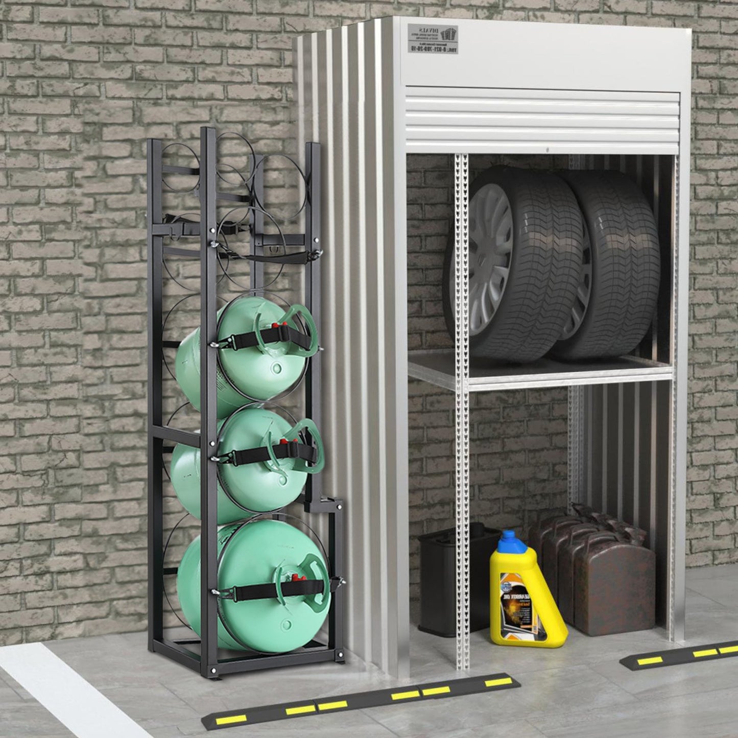 Kylmedelsbehållare, med 1 x 50lb, 2 x 30lb och 3 andra små flaskbehållare, Cylinderbehållare 15,55x12,99x49,8 tum, kylmedelsbehållare och hållare för freon, gaser, syre, kväve