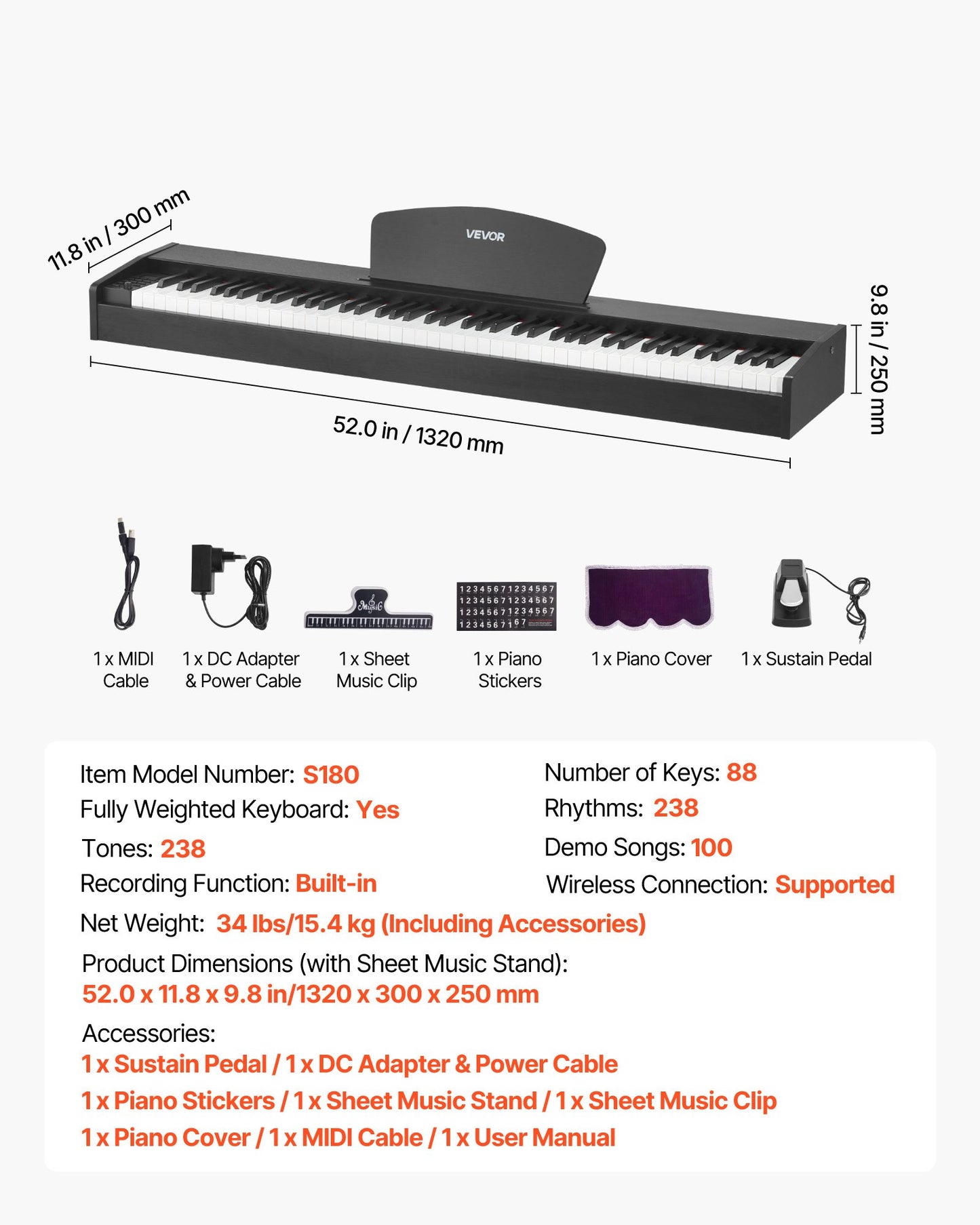 Weighted Digital Piano, 88 Keys Fully Weighted, Electric Piano Dual Keyboard & Speakers, with Sustain Pedal, Recording Function, 238 Tones, Wireless Connection, for Beginners, Without Stand