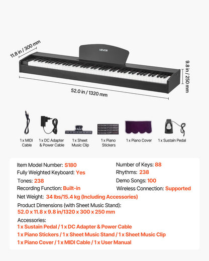Weighted Digital Piano, 88 Keys Fully Weighted, Electric Piano Dual Keyboard & Speakers, with Sustain Pedal, Recording Function, 238 Tones, Wireless Connection, for Beginners, Without Stand