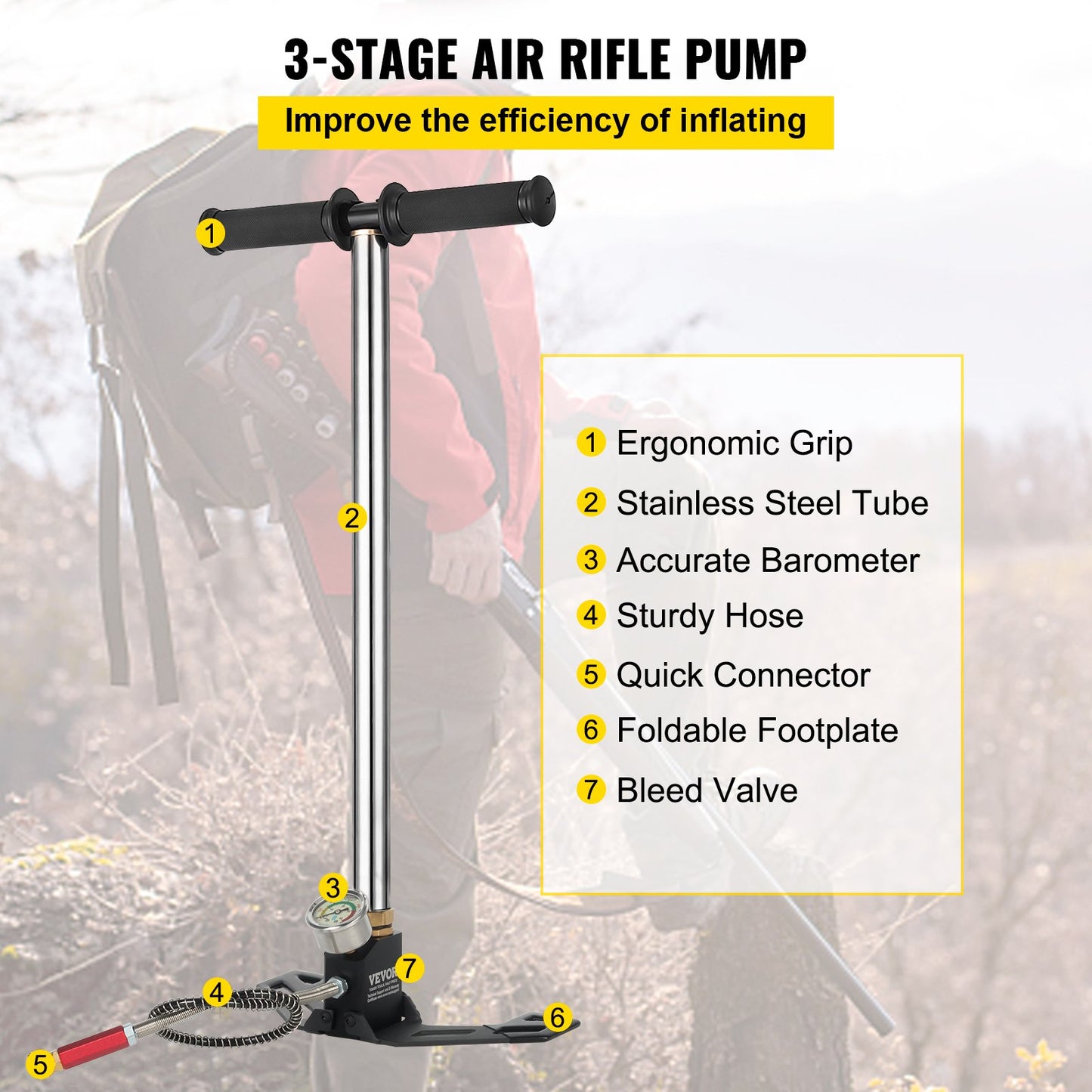 3-Stage Hand Stirrup Pump Stirrup Pump 4500 psi (0-30 MPa) Air Gun Rifle Pump Filling Stirrup Charger PCP Hand Pump Airguns with High grade 301 stainless steel