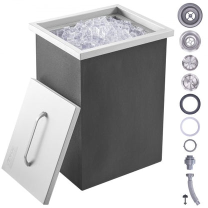 Drop in Ice Chest, 14"L x 12"W x 18"H Stainless Steel Ice Cooler, Commercial Ice Bin with Cover, 40 qt Outdoor Kitchen Ice Bar, Drain-pipe and Drain Plug Included, for Cold Wine Beer