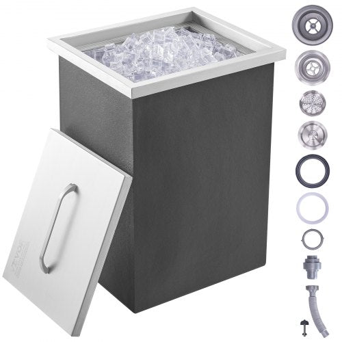 Drop in Ice Chest, 14"L x 12"W x 18"H Stainless Steel Ice Cooler, Commercial Ice Bin with Cover, 40 qt Outdoor Kitchen Ice Bar, Drain-pipe and Drain Plug Included, for Cold Wine Beer
