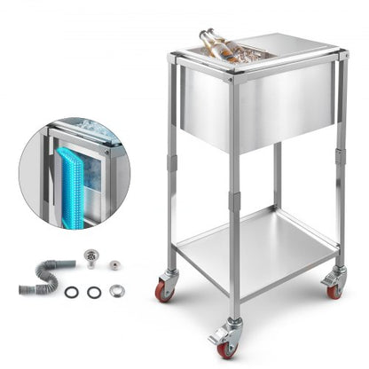 Rolling Ice Chest Cooler Cart, 20"L x 14"W x 38"H (510 x 360 x 970 mm) Stainless Steel Cooling Bin on Wheels, 28L Outdoor Stand Up Cooler Trolley with Shelf, for Patio Backyard Party Bar