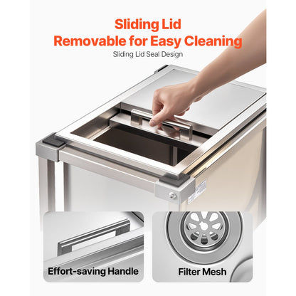 Rolling Ice Chest Cooler Cart, 20"L x 14"W x 38"H (510 x 360 x 970 mm) Stainless Steel Cooling Bin on Wheels, 28L Outdoor Stand Up Cooler Trolley with Shelf, for Patio Backyard Party Bar