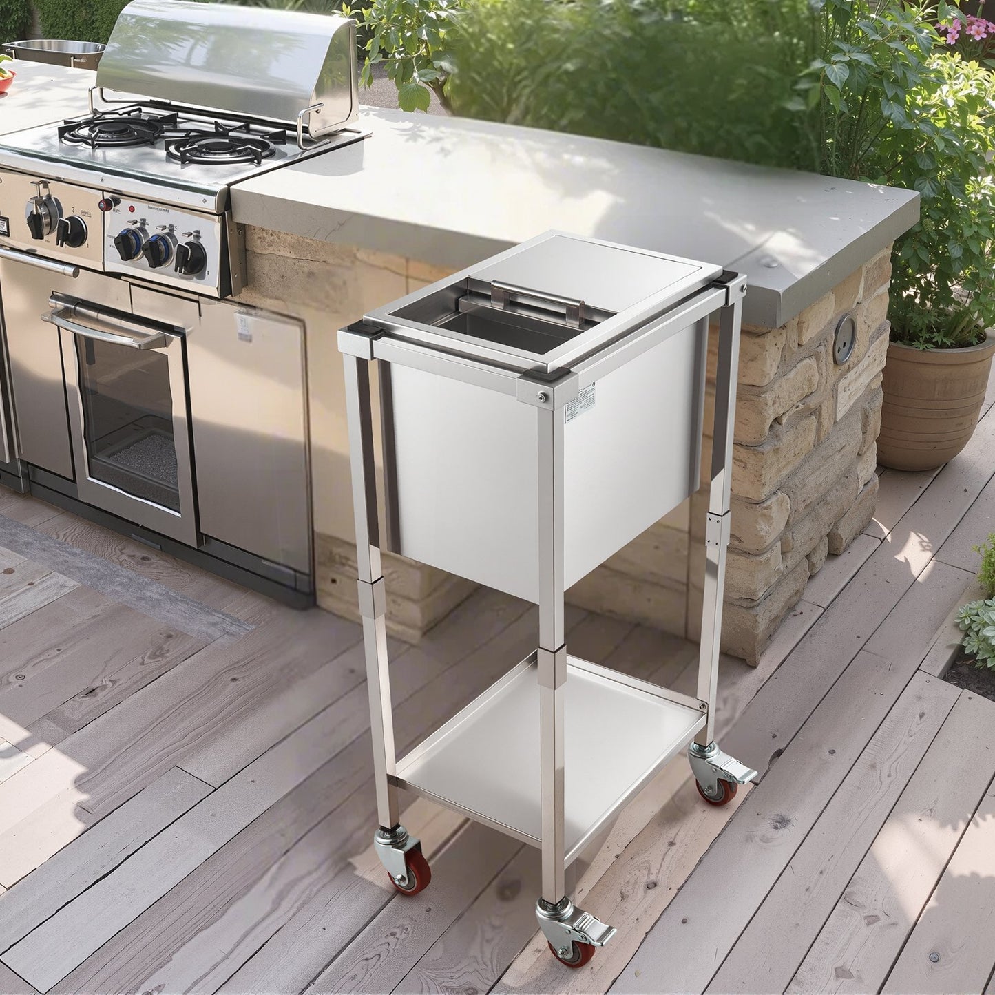 Rolling Ice Chest Cooler Cart, 20"L x 14"W x 38"H (510 x 360 x 970 mm) Stainless Steel Cooling Bin on Wheels, 28L Outdoor Stand Up Cooler Trolley with Shelf, for Patio Backyard Party Bar