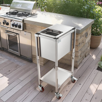 Rolling Ice Chest Cooler Cart, 20"L x 14"W x 38"H (510 x 360 x 970 mm) Stainless Steel Cooling Bin on Wheels, 28L Outdoor Stand Up Cooler Trolley with Shelf, for Patio Backyard Party Bar