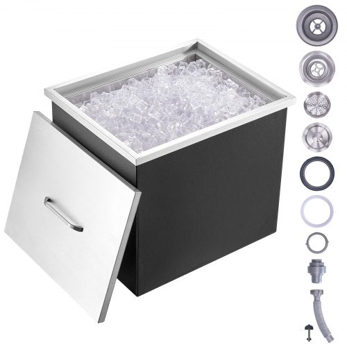 Drop in Ice Chest, 21"L x 17"W x 18"H Stainless Steel Ice Cooler, Commercial Ice Bin with Cover, 40 qt Outdoor Kitchen Ice Bar, Drain-pipe and Drain Plug Included, for Cold Wine Beer