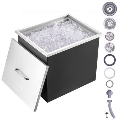 Drop in Ice Chest, 21"L x 17"W x 18"H Stainless Steel Ice Cooler, Commercial Ice Bin with Cover, 40 qt Outdoor Kitchen Ice Bar, Drain-pipe and Drain Plug Included, for Cold Wine Beer