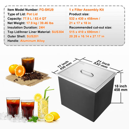 Drop in Ice Chest, 21"L x 17"W x 18"H Stainless Steel Ice Cooler, Commercial Ice Bin with Cover, 40 qt Outdoor Kitchen Ice Bar, Drain-pipe and Drain Plug Included, for Cold Wine Beer