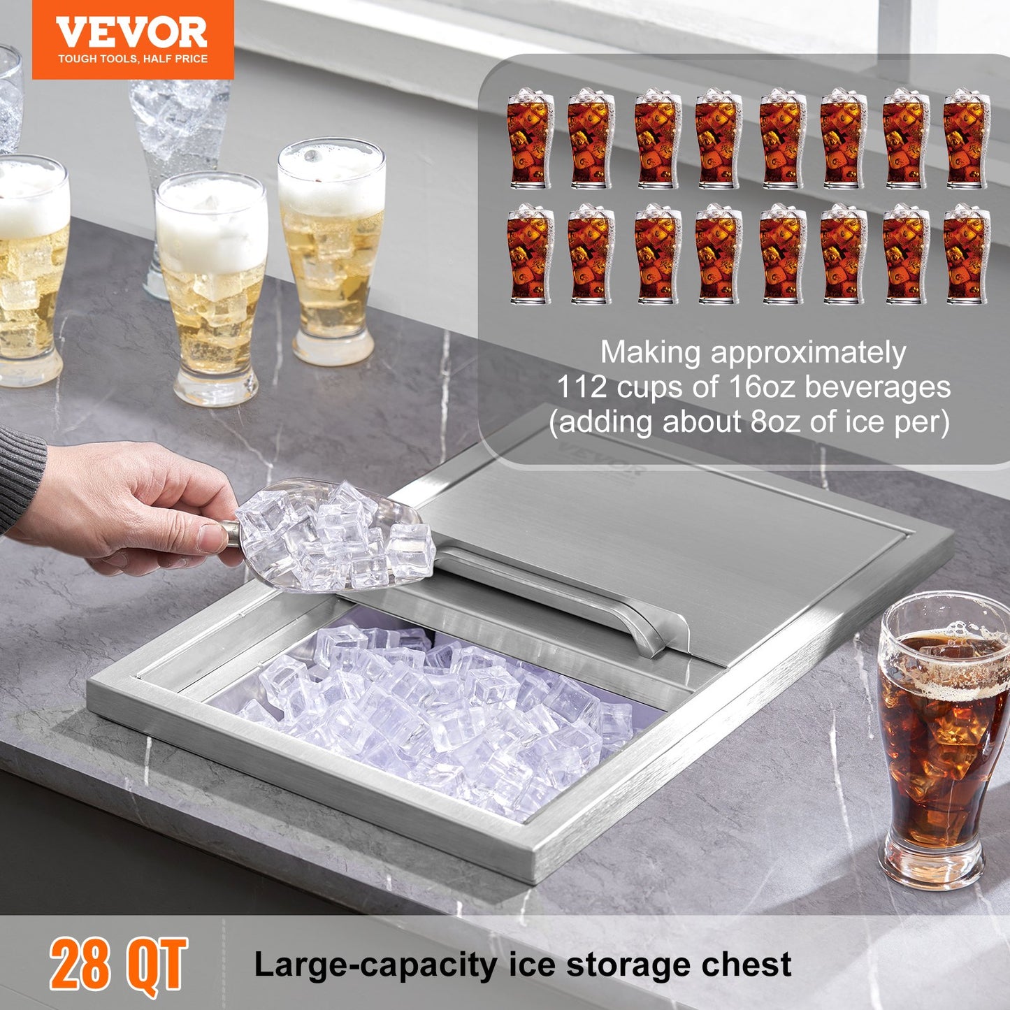 Drop in Ice Chest, 46 cm L x 30.5 cm W x 36.8 cm H Stainless Steel Ice Cooler, Commercial Ice Bin with Sliding Cover, 38.7 L Outdoor Kitchen Ice Bar, Drain-pipe and Drain Plug Included, for Cold Wine Beer
