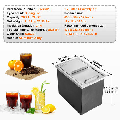 Drop in Ice Chest, 46 cm L x 30.5 cm W x 36.8 cm H Stainless Steel Ice Cooler, Commercial Ice Bin with Sliding Cover, 38.7 L Outdoor Kitchen Ice Bar, Drain-pipe and Drain Plug Included, for Cold Wine Beer