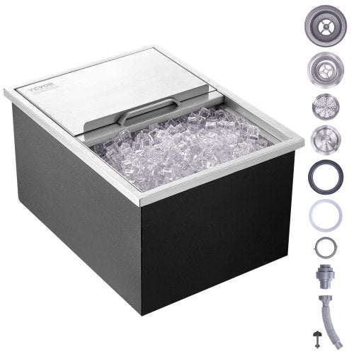 Drop in Ice Chest, 61 cm L x 46 cm W x 33 cm H Stainless Steel Ice Cooler, Commercial Ice Bin with Sliding Cover, 38.7 L Outdoor Kitchen Ice Bar, Drain-pipe and Drain Plug Included, for Cold Wine Beer