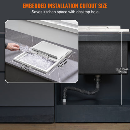 Drop in Ice Chest, 61 cm L x 46 cm W x 33 cm H Stainless Steel Ice Cooler, Commercial Ice Bin with Sliding Cover, 38.7 L Outdoor Kitchen Ice Bar, Drain-pipe and Drain Plug Included, for Cold Wine Beer