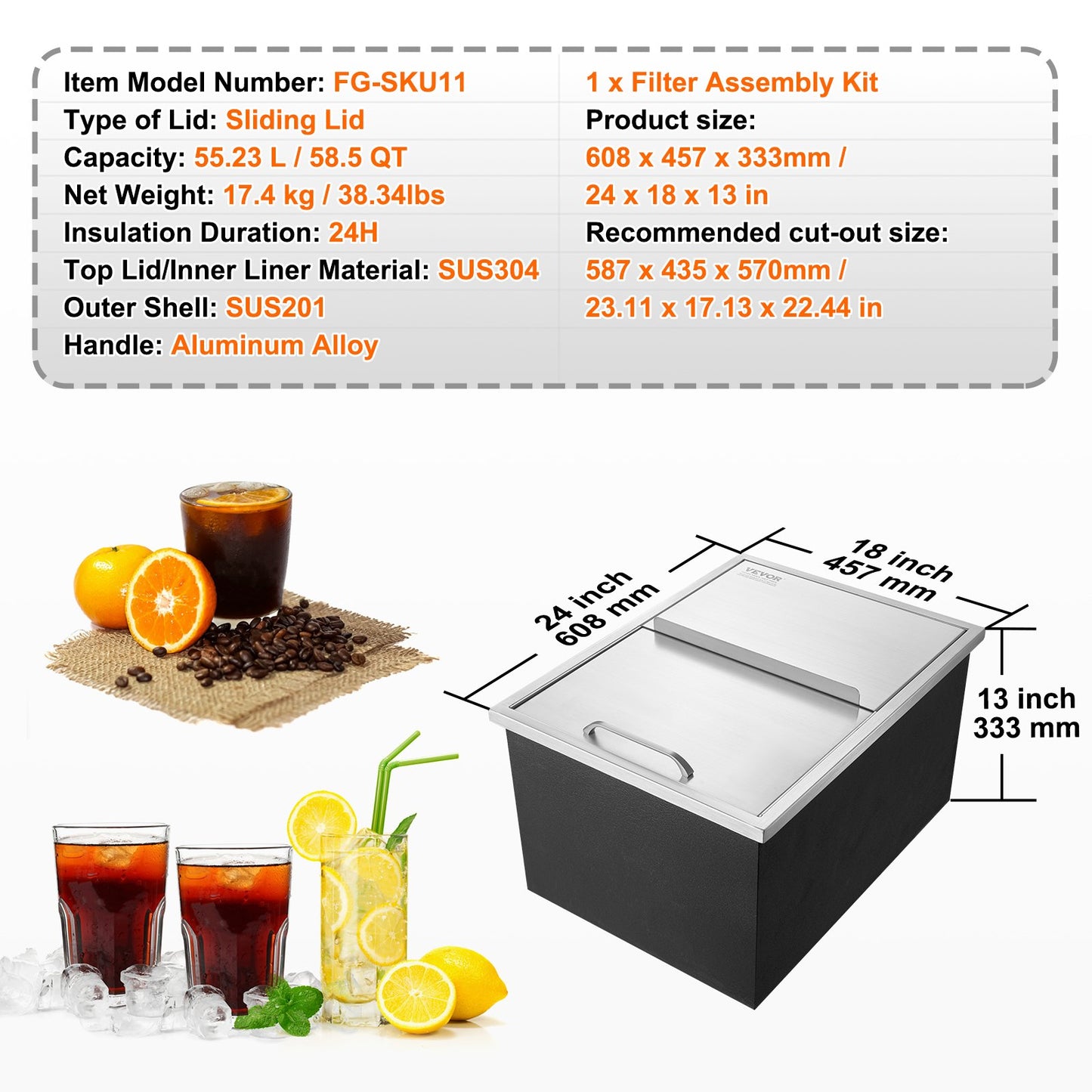Drop in Ice Chest, 61 cm L x 46 cm W x 33 cm H Stainless Steel Ice Cooler, Commercial Ice Bin with Sliding Cover, 38.7 L Outdoor Kitchen Ice Bar, Drain-pipe and Drain Plug Included, for Cold Wine Beer
