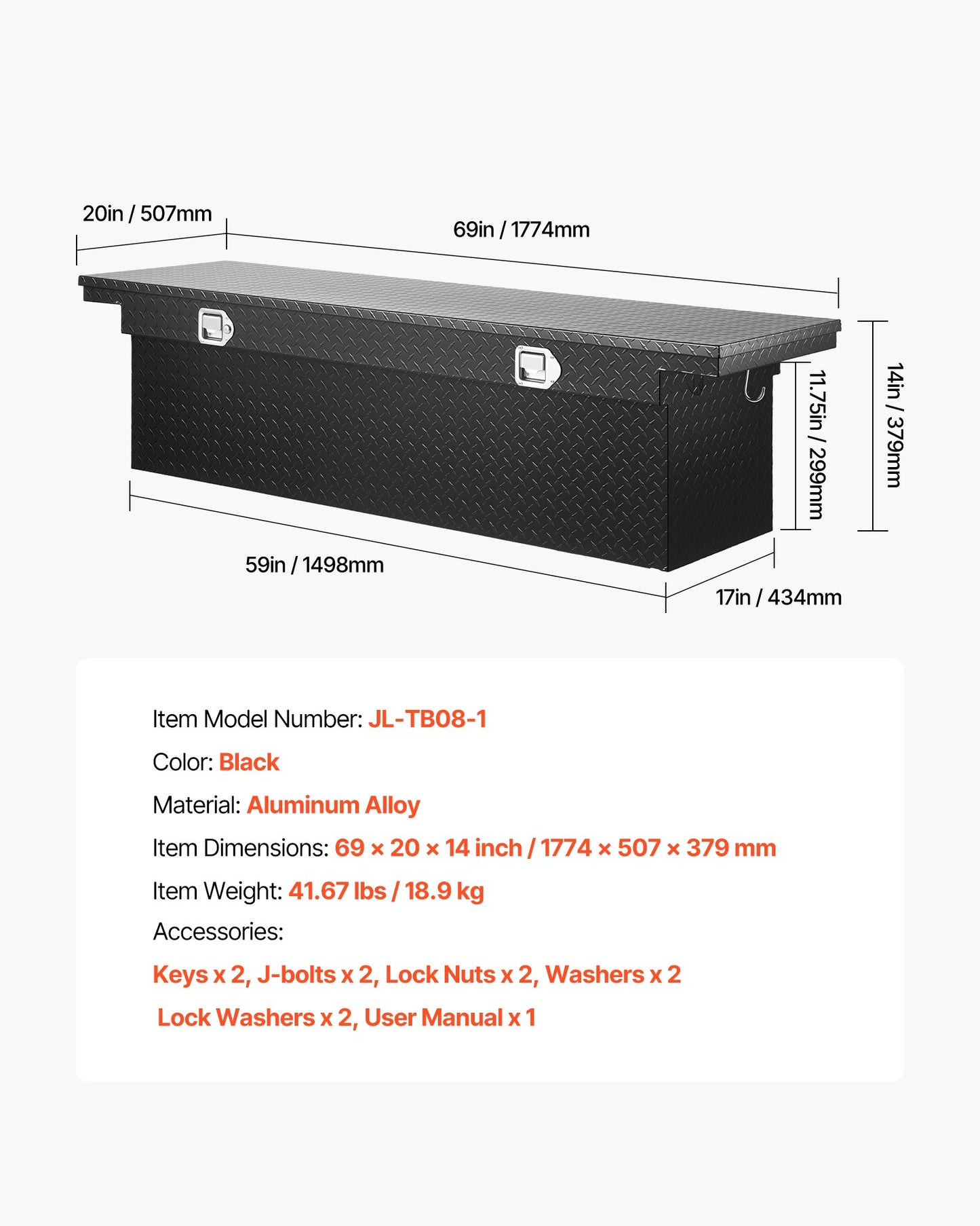 Verktygslåda för Crossover Truck, 69x20x14 tum, Kraftig verktygslåda i aluminium med diamantstruktur, Verktygslåda för pickup-flak, husbilssläpvagn, Vattentät förvaringsorganisatör med lås, nycklar, sidohandtag, svart