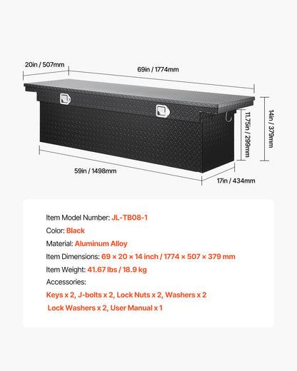 Verktygslåda för Crossover Truck, 69x20x14 tum, Kraftig verktygslåda i aluminium med diamantstruktur, Verktygslåda för pickup-flak, husbilssläpvagn, Vattentät förvaringsorganisatör med lås, nycklar, sidohandtag, svart