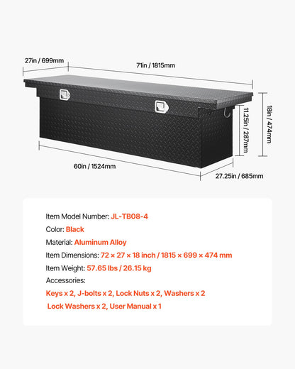 Verktygslåda för Crossover-lastbil, 71x27x18 tum, kraftig verktygslåda i aluminium med diamantstruktur, verktygslåda för pickup-flak, husbilssläpvagn, vattentät förvaringsorganisatör med lås, nycklar, sidohandtag, svart