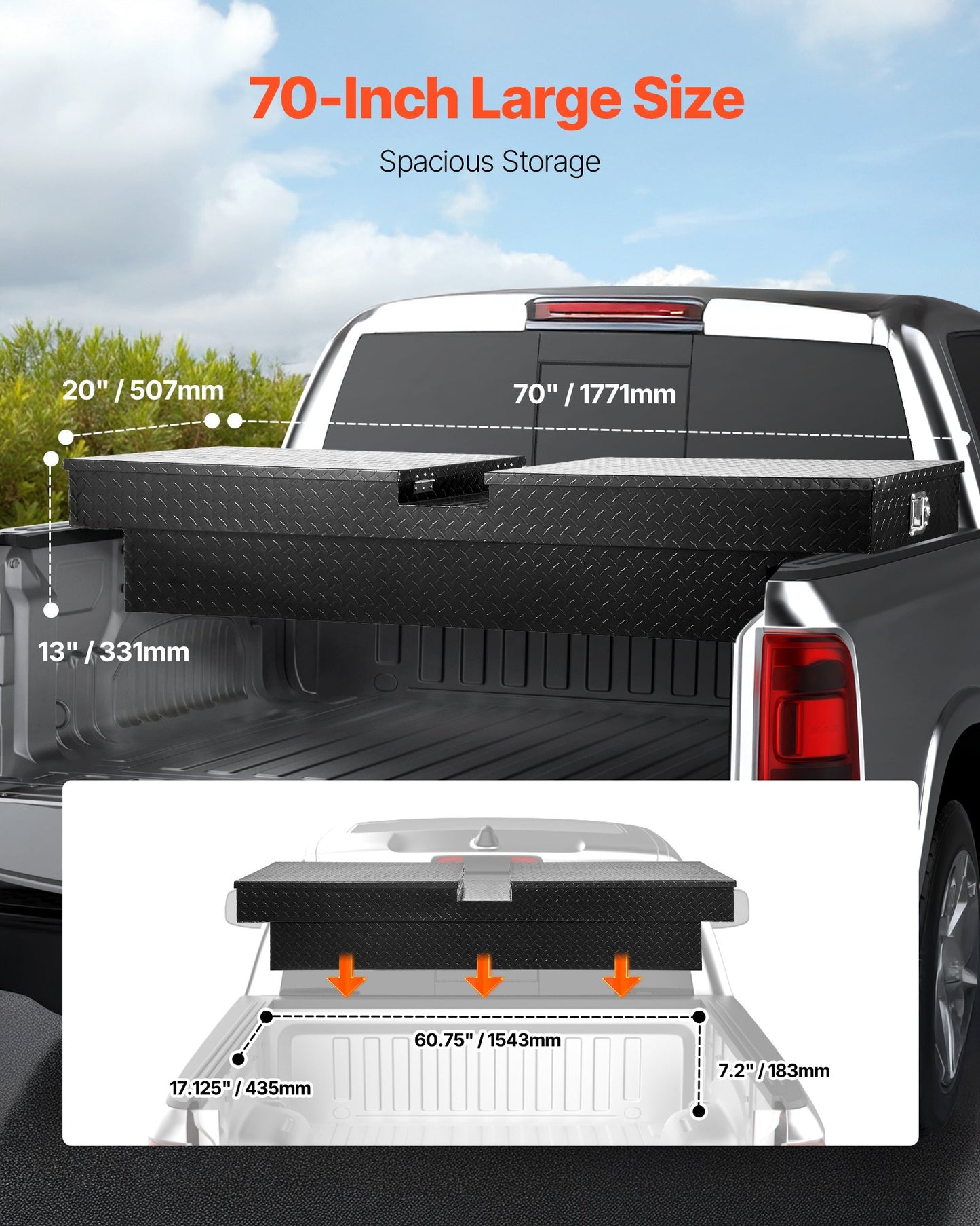 Verktygslåda för Crossover Truck, 70x20x13 tum, Kraftig verktygslåda i aluminium med diamantstruktur, Verktygslåda för pickup-flak, husbilssläpvagn, Vattentät förvaringsorganisatör med lås, nycklar, sidohandtag, svart