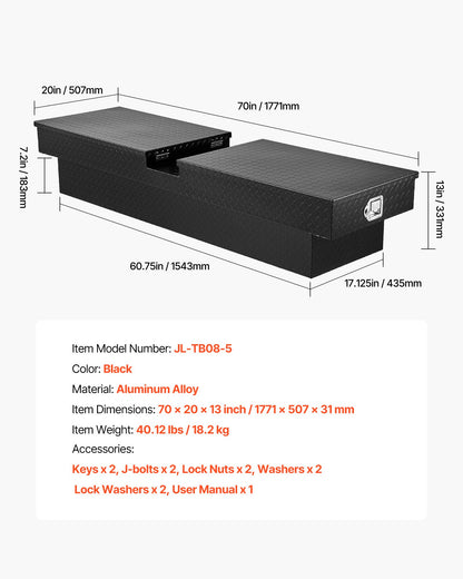 Verktygslåda för Crossover Truck, 70x20x13 tum, Kraftig verktygslåda i aluminium med diamantstruktur, Verktygslåda för pickup-flak, husbilssläpvagn, Vattentät förvaringsorganisatör med lås, nycklar, sidohandtag, svart
