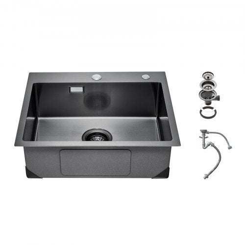 55cm Kitchen Sink Workstation, 304 Stainless Steel Top Mount Sinks, Drop-In Single Bowl Farmhouse Basin with Accessories, Household Dishwasher Sinks for RV, Prep Kitchen, and Bar (Black)