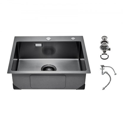 68cm Kitchen Sink Workstation, 304 Stainless Steel Top Mount Sinks, Drop-In Single Bowl Farmhouse Basin with Accessories, Household Dishwasher Sinks for RV, Prep Kitchen, and Bar (Black)