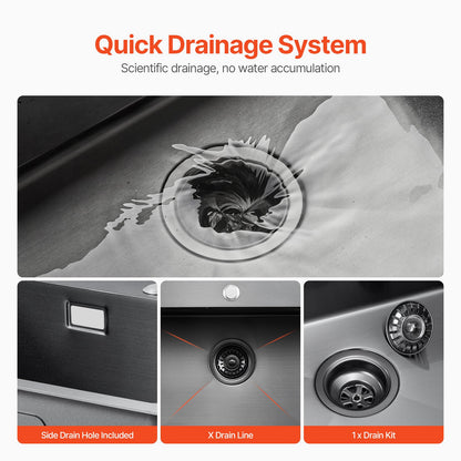 68cm Kitchen Sink Workstation, 304 Stainless Steel Top Mount Sinks, Drop-In Single Bowl Farmhouse Basin with Accessories, Household Dishwasher Sinks for RV, Prep Kitchen, and Bar (Black)