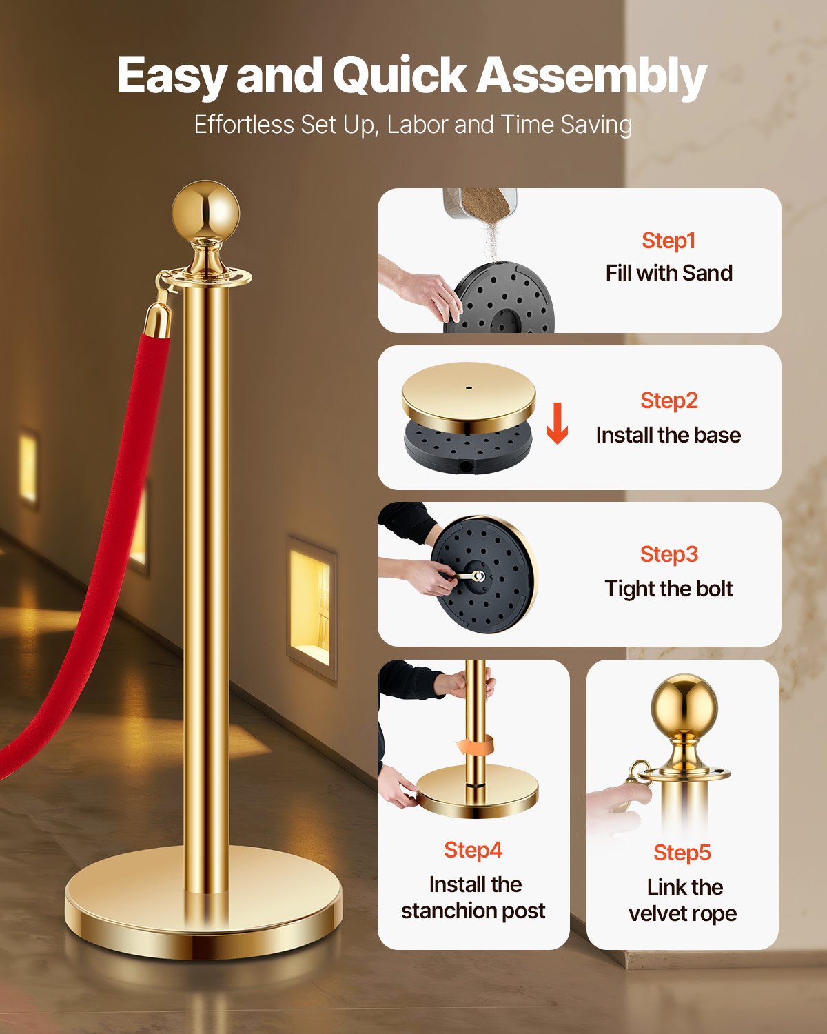Stolpe, 4 st. set med avspärrningsbarriärer för folkmassor och 3 röda sammetsrep, 1,5 meter rostfritt stål, guldfärgad stolpekö med sandinjektionsbas för teater, fest, bröllop, utställning