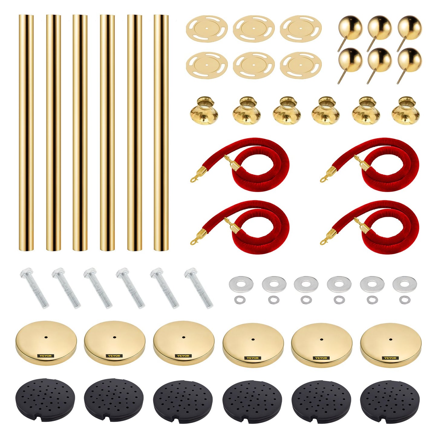 Stolpe med sammetsrep, 6-pack stolpe för publikkontroll med 4 st. 1,5 m röda sammetsrep, köavgränsare i rostfritt stål med bolltopp för evenemang, museer, fester